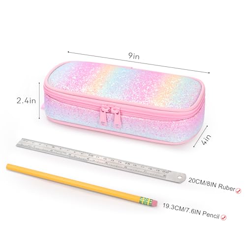Image of mibasies Girls Pencil Case for Kids, Multi-Slot Pencil Pouch, Pink Blue Rainbow