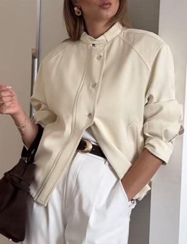 Womens Elegant High Neck Bomber Jackets Long Sleeve Zip Up Shackets Cropped Coat Streetwear2