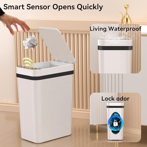 Image of FRESHLIX 3 Pack Bathroom Trash Can 2.6 Gallon Small Touchless Automatic Motion Sensor Trash Cans Slim Waterproof Garbage Bin with Lid for Kitchen, Office, Bedroom White