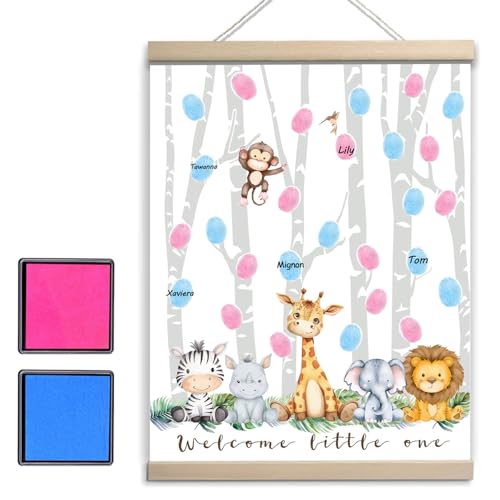 QZCYU Gender Reveal Decorations Fingerprint Tree with Woodland Safari Animals, Gender Reveal Games Canvas Hanging Paintings Decor, Baby Shower Ideas