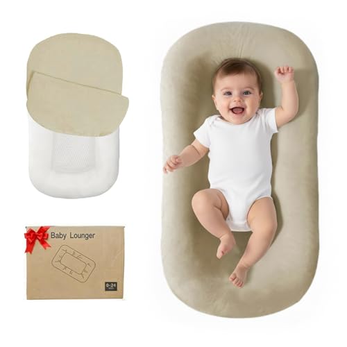 Image of Lucakuins Baby Lounger, Bionic Design Baby Lounger for Newborn 0-24 Months, Soft Organic Cotton Breathable Lounger for Infants (Apricot Baby Lounger)
