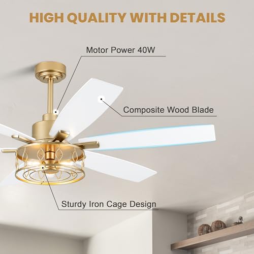 Image of Dawn Whisper 60 Inch Ceiling Fans with Lights White and Gold Farmhouse Ceiling Fan for Bedroom Living Room Quiet and Reversible DC Motor Caged Chandelier Fan