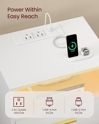 VASAGLE CUSTOS Collection - 40.1 cm Wide Nightstand with Charging Station, LED Lights, Modern Night Stand, Side End Table with Drawers, Open Shelf, 2 AC Outlets USB Ports, Cloud White ULET629WB03 - 4