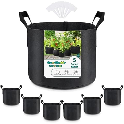 GreatBuddy 5 Gallon Grow Bags 6-Pack, Thick Fabric Pots for Plants, Sturdy Handles & Reinforced Stitching, Labels Included, Black Cover
