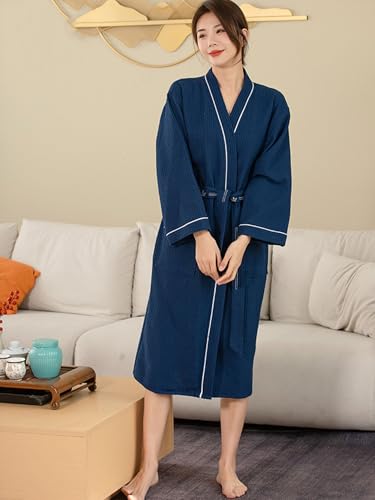 Unisex 100% cotton Waffle Knit Robe V Neck Midi Kimono Robes Soft Lightweight Spa Bathrobe with Pockets4