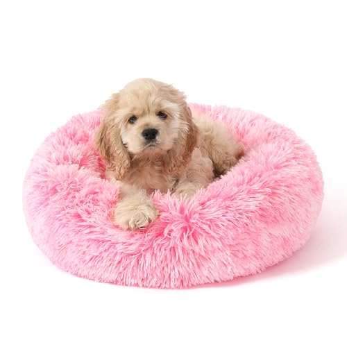 Image of NOYAL Calming Donut Dog Bed for Small to Medium Dogs & Cats - Plush Faux Fur Anti-Anxiety Pet Bed with Machine Washable Cover & Non-Slip Base