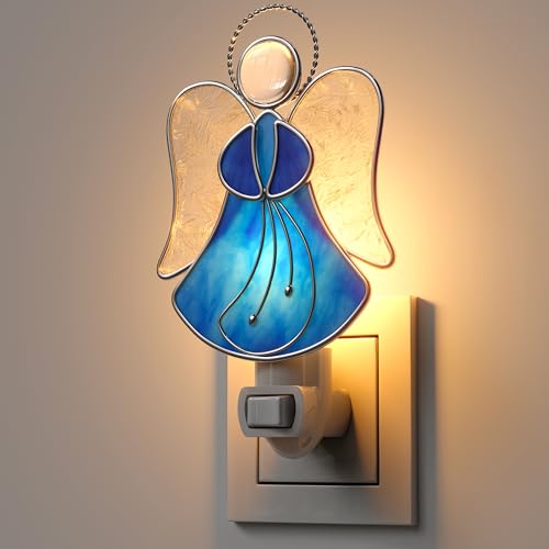 Image of Stained Glass Blue Guardian Angel Night Lights Plug into Wall | Plug in Night Light In Wall Socket Decorative Nightlight for Bedroom Hallway,Mothers Day Gifts for Mom Birthday Christmas