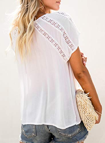 Dokotoo Women's Cute 2024 Summer Button V Neck Lace Crochet Eyelet Flowy Short Sleeve Blouses Fashion Solid Casual Loose T Shirts Tops 2X Large White - Image 2
