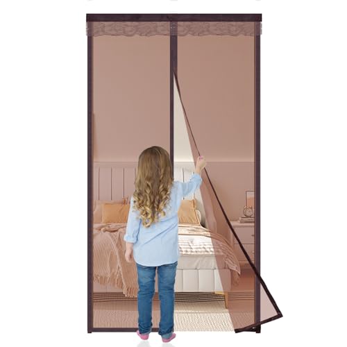 Mosquitera Puerta Magnetica 145x210cm,Cierre Automático, Instalación Fácil Sin Taladrar, para Puertas de Balcón y Patio, Cortina de Malla Fina Anti-Insectos,Marrón