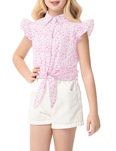 Image of Girls Sleeveless Plaid Button Down Shirt Summer Crop Tops Tie Knot Ruffle Sleeve Shirt Blouse 3-12Y