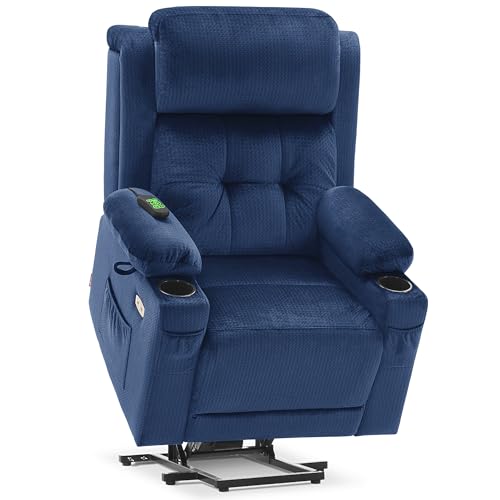 MCombo 3 Motor Riser and Recliner Chairs for Elderly, Large Electric Recliner Armchair, Adjustable Headrest, Infinite Position, Heat & Massage, Extended Footrest, Fabric 7662 (Navy Blue, Large)