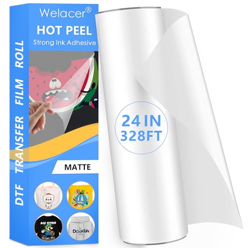 Welacer DTF Transfer Film Roll 24 Inch x 328 FT for Double-Side Matte Clear Pretreat Sheets, PET Heat Transfer Paper for Inkjet Printer Direct Print(Hot & Cold Peel)
