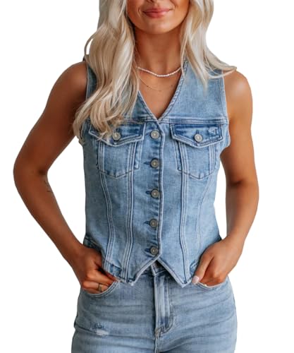 Denim Vest for Women Sleeveless V-Neck Button Down Washed Short Jean Vest Top