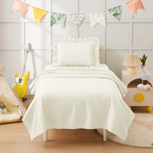 Image of KKJIAF 3 Piece Toddler Sheet Set Microfiber, Includes a Flat Sheet, a Fitted Sheet and a Ruffle Pillowcase, Beige