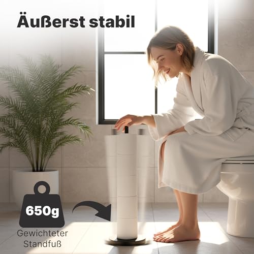 Minismus Toilettenpapierhalter stehend mit beschwerter Basis für kippsicheren Stand, Toilettenpapierständer aus Edelstahl, bietet Platz für bis zu 5 Ersatzrollen für bequemen Zugriff