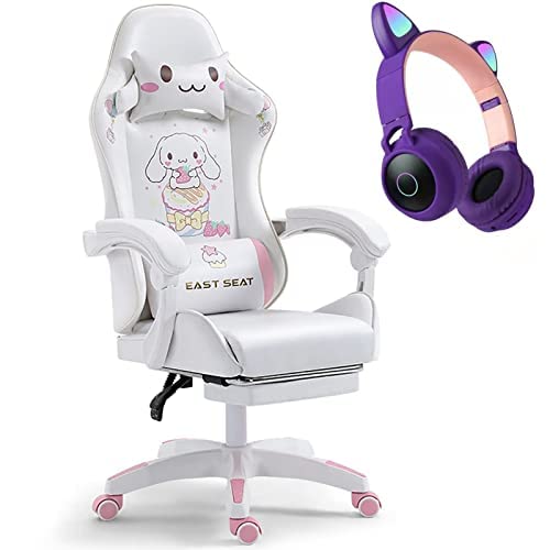 Chaise de bureau ergonomique rose inclinable avec repose-pieds escamotable en cuir