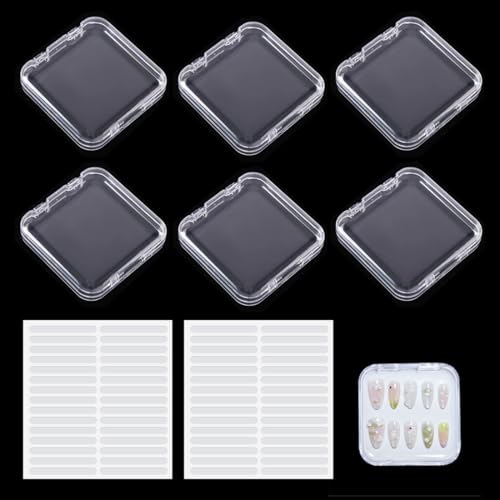 YIPFEN 6 Pièces Boîtes de Rangement pour Press-On, Kit Nails avec 60 Rubans Adhésifs Double Face, Accessoires de Gel et Stockage de Vernis à Ongles (7.5 x 7.5 CM) (Transparent)