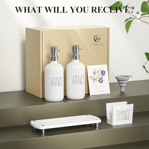 Image of Cisily Kitchen Soap Dispenser Set Comes with Ceramics Sponge Holder, Gold Pumps, and Instant Dry Tray, Hand and Dish Soap Dispenser Set (4, Silver + White + Sponge Holder)