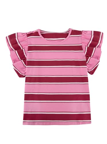 Image of Girls Striped Shirt Flutter Sleeve Top Crewneck Cute Summer T Shirts Casual Tees Red Pink 7-8 Years