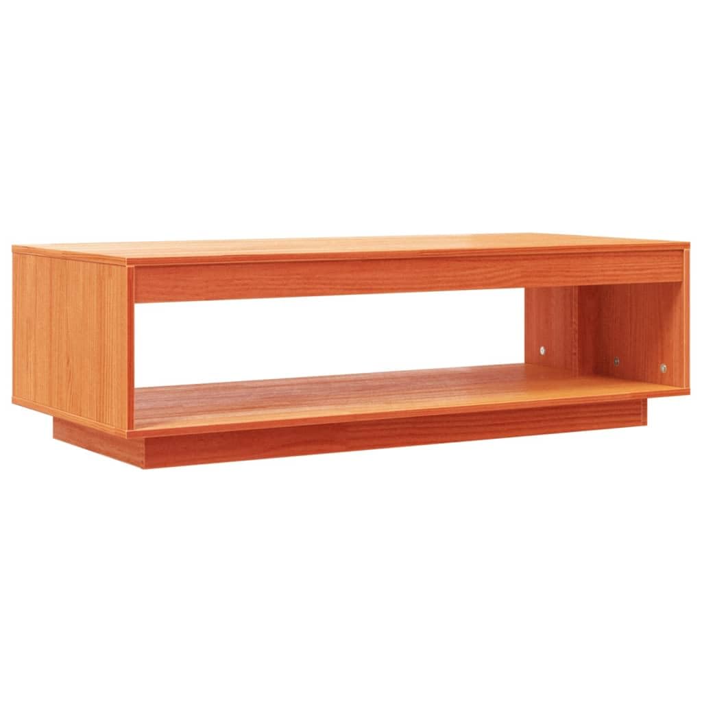 Mesa de centro marrón cera, madera de pino maciza, 110 x 50 x 33,5 cm, con estante y espacio de almacenamiento, moderna mesa de sofá para salón y sala de estar