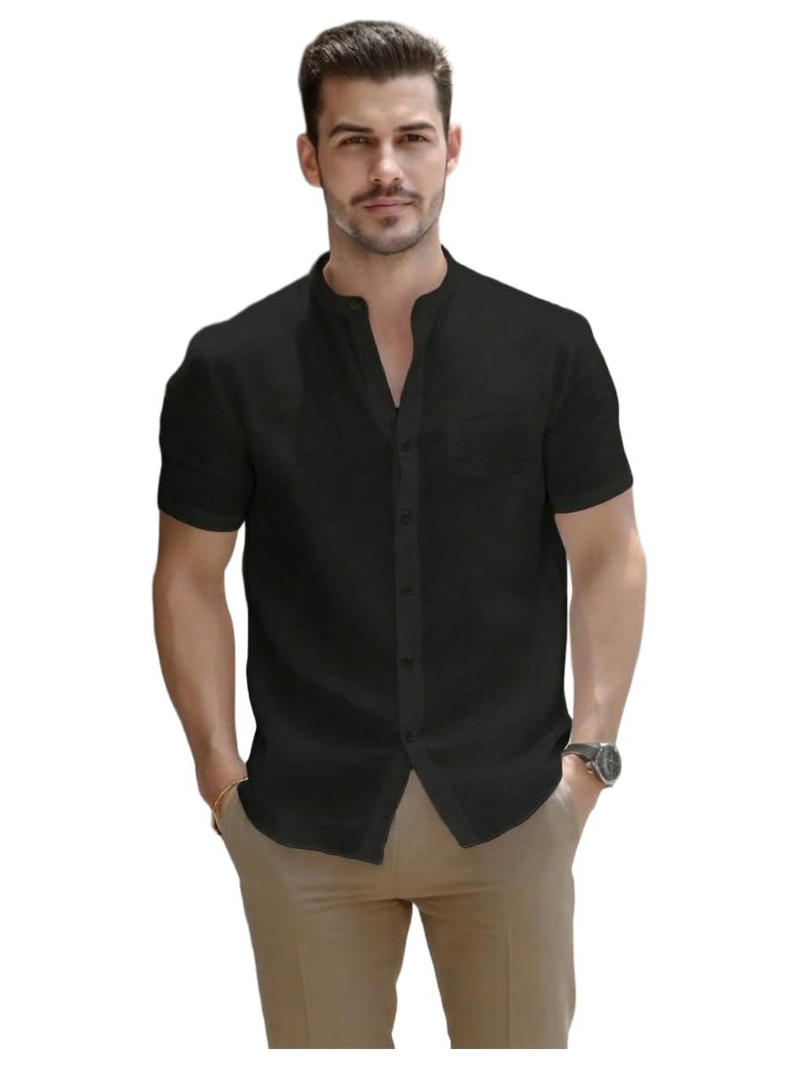 room19 Cotton Solid Casual Shirt for Men | Short Sleeve Regular Fit | Mandarin Collar Neck Summer Style | Daily, Office, Party, Outfits-picture-48