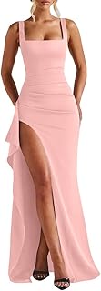 Women's Elegant Square Neck Sleeveless Bodycon High Split Ruched Long Formal Evening Dress