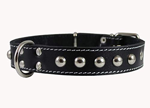 Black Genuine 1" Wide Thick Leather Studded Dog Collar. Fits 14"-17" Neck, Medium Breeds. #TOP28