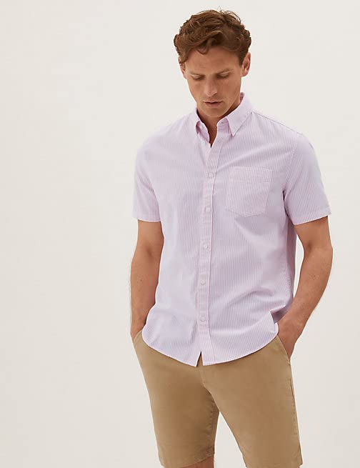 Image of Marks & Spencer Mens Striped Cotton Collared Neck Regular Fit Oxford Shirt