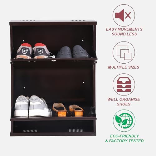 Image of Metal Shoe Rack Wall Mounted for Home with Central Locking | 2 Door 20 inch Wall Mounted Metal 4 Pair Rack Cabinet | Pre-Assembled Shoe Rack Shelves | 3 Years Warranty (Brown)