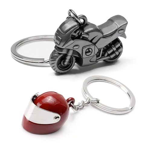 Ryaupy 2PCS Motorrad Helm Schlüsselanhänger - Roter Helm + Schwarzes Motorrad - Motorrad- und Helmzubehör aus Metall für Motorradfahre