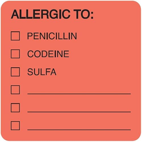 Allergic to Penicillin Codeine Sulfa Medical Alert Label 2" x 2" Fluorescent Red Black Text Doctor Stuff 250 Stickers/Box