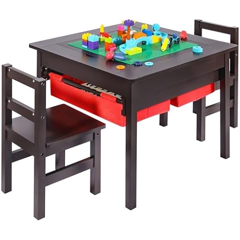 RedSwing Activity Table and 2 Chairs with Storage, 2 in 1 Building Block Tabletop for Arts, Crafts, Reading, Preschool, Espresso Cover