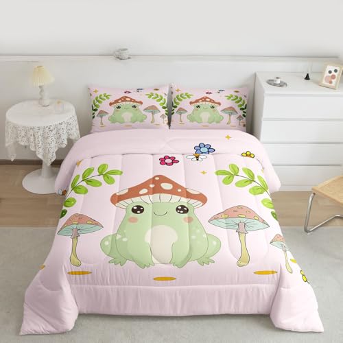 Image of Feelyou Cute Frog Duvet Set Mushroom Bedding Set for Kids Boys Girls Natural Wild Fungus Comforter Set Botanical Plants Comforter 1 Comforter Set with 2 Pillowcases King Size