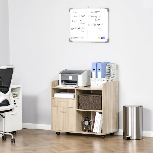 Miniatura 7 de Vinsetto Armario Para Impresora Carro Multifuncional De Oficina Con 3 Compartimentos 2 Cajones Para Archivos Estante Ajustable Ruedas Con 2 Frenos 80x40x72 Cm Roble