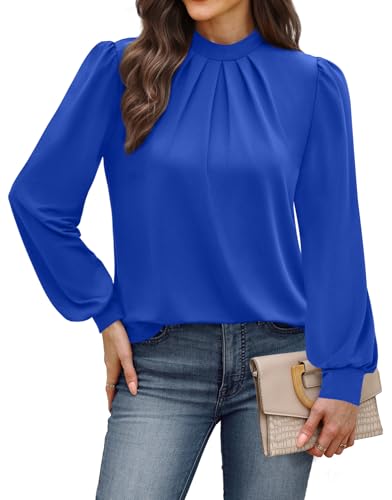 Image of WIHOLL Long Sleeve Shirts for Women Mock Neck Tops Pleated Front Blouses Dressy Casual Spring Fall Clothes 2026 Fashion