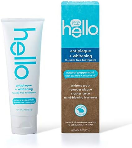 Hello Oral Care Fluoride Free Antiplaque and Whitening Toothpaste Vegan SLS Free with Tea Tree Oil Coconut Oil, Natural Peppermint, 4.7 Ounce