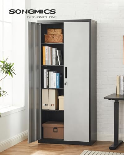 SONGMICS Aktenschrank, Mehrzweckschrank, Stahl-Aufbewahrungsschrank, 5 Ebenen, Doppeltüren, Schloss, Werkzeugschrank, verstellbare Ablagen, Garage, Büro, Wohnzimmer, silbern-schwarz OMC015S01