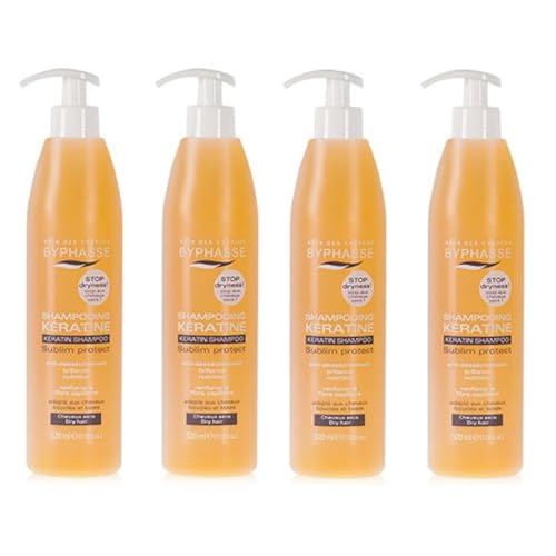 BYPHASSE | Shampooing à la Kératine liquide | Cheveux secs| Protège du Dessèchement | Cheveux Nourris | Protège la fibre capillaire | Lot de 4x520 ml