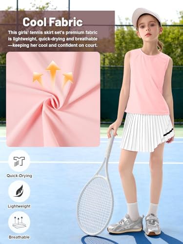 Rolanko Girls Tennis Skirt Set, UPF 50+ Tank Top & Pleated Skort with Built-in Shorts and Pocket Kids 2 Piece Outfit (PinkWhite, 5-6 Years) — view 6