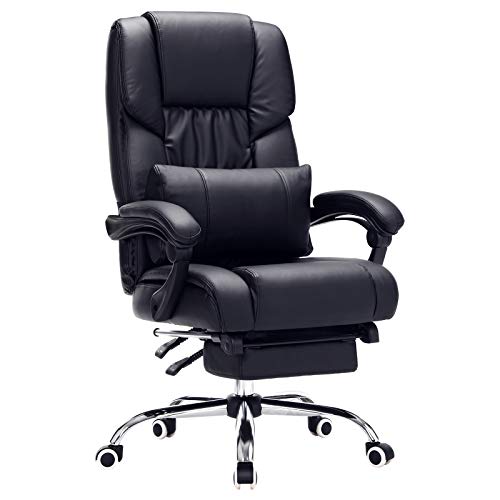 SONGMICS Bürostuhl mit Fußablage und Lendenkissen, Lederimitat, schwarz, 67 x 66 x 116 cm