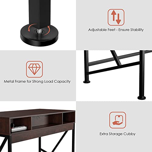 Urkno Computer Desk With 3 Drawers, 42" Wood Writing Desk For Home Office, Modern Simple Style Laptop Study Table, Makeup Vanity Console Table, Metal Frame, Easy Assembly, Cherry #TOP5