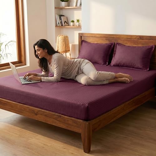 Image of Mafatlal Italian Strip King Size Bed Sheet with 2 Pillow Covers Pure Cotton | 210 TC Flat Bedsheet Red | 108 x 108 Inches | Luxury & Breathable Fabric