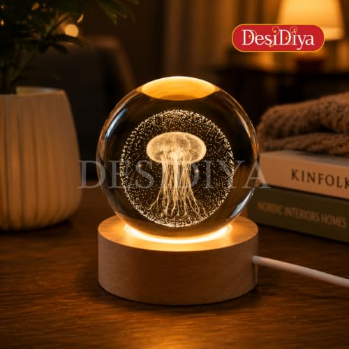 Image of Desidiya 3D Crystal Jelly Fish Lamp | Engraved Crystal Ball LED Night Light with Wooden Base, USB Powered | Romantic Home Decor & Valentine Day Gift for Her, Him & Couples (Warm White)