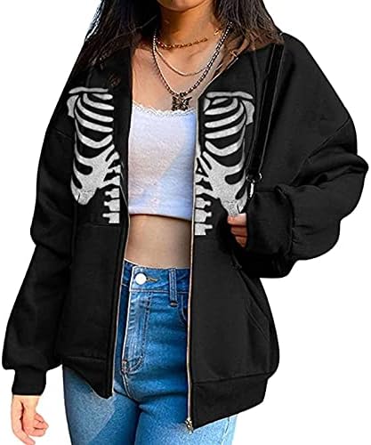 Aurlust Oversized Zip Up Hoodie for Women, Skeleton Skull Graphic Sweatshirt, Casual Jacket for Ladies, Y2k Fashion Coat, Black Skeleton
