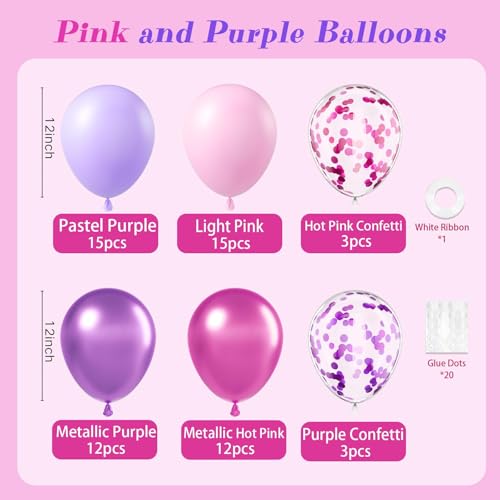 Image of 61pcs Pink and Purple Balloons, 12 Inch Purple Pink Confetti Balloons, Metallic Balloon with Ribbon for Bridal Baby Shower Wedding Women Birthday Party Decorations