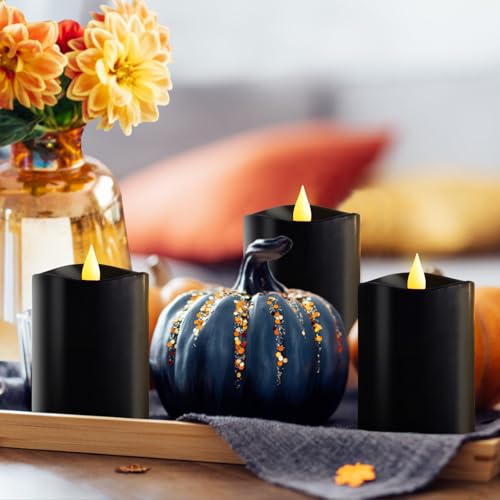 Image of 3x4 Flickering Flameless Candles Set of 3, 2AA Battery Life 600 Hours Battery Candles Flickering with Timer,4 inch Flameless Candles with Remote for Home Wedding Party Halloween Decoration, Black