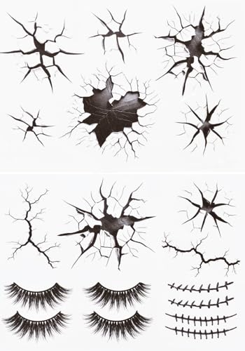 Halloween Creepy Cracks Face Tattoo Set Temporary Makeup Stickers with Eyelashes Black Broken Glass Pattern Costume Accessories