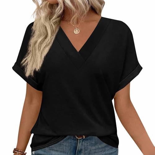 OLIPHEE Womens T Shirts V-Neck Short Sleeve Loose Summer Tops Oversized Tshirts for Women Black XL