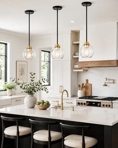 Image of Pendant Lights Kitchen Island, 7 inch Black and Gold Hanging Lights Fixtures with Clear Glass Globe Shade, Modern Kitchen Island Lighting for Bathroom, AD-22280-1P-KG