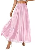 PRETTYGARDEN Long Skirts for Women Summer Vacation Outfits 2026 Spring Chiffon Elastic Waist Flowy A-Line Pleated Midi Skirt(Pink,Small)